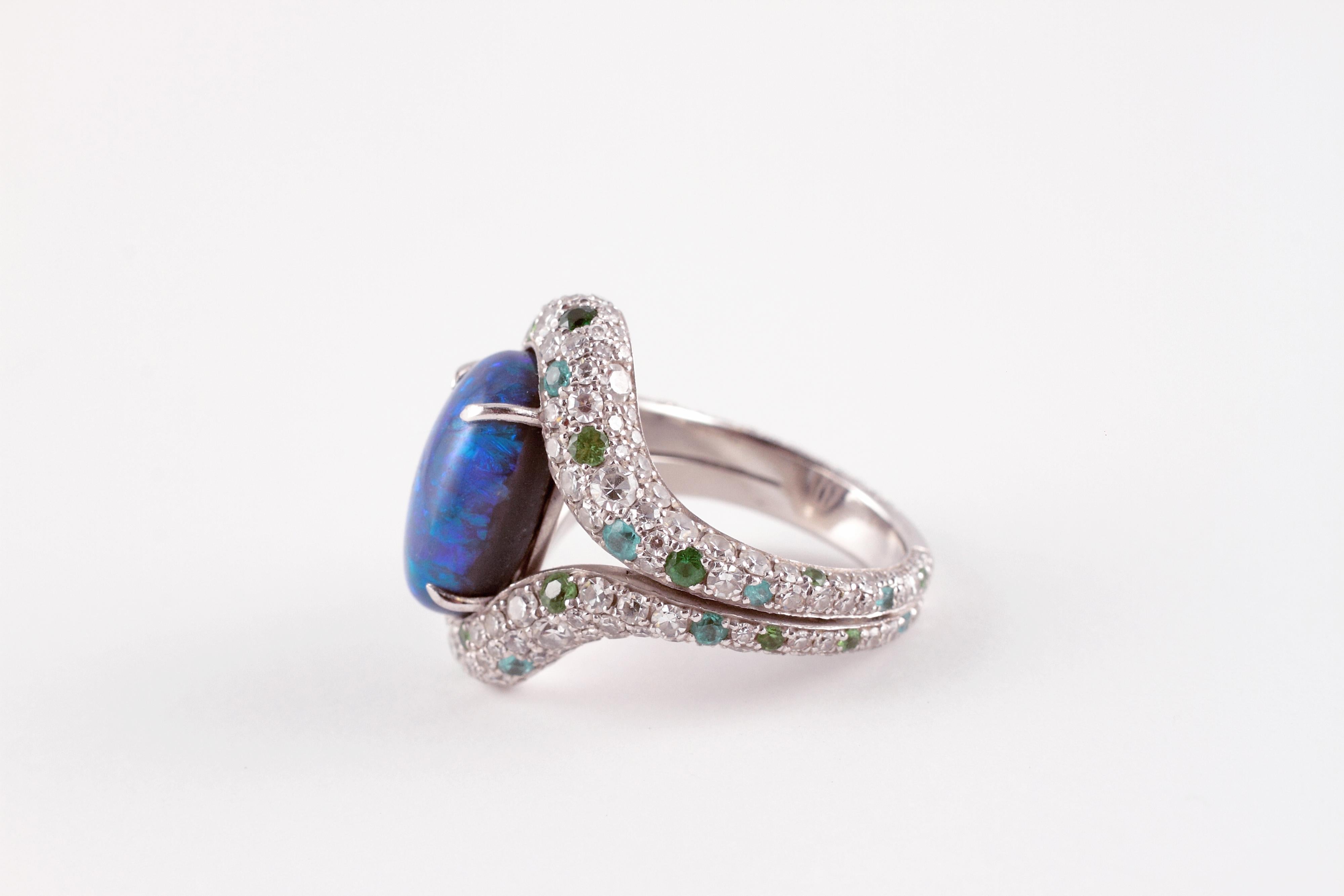 Oval Cut David Morris 4.82 Carat Opal 2.78 Carat Diamond Tsavorite Tourmaline Ring For Sale