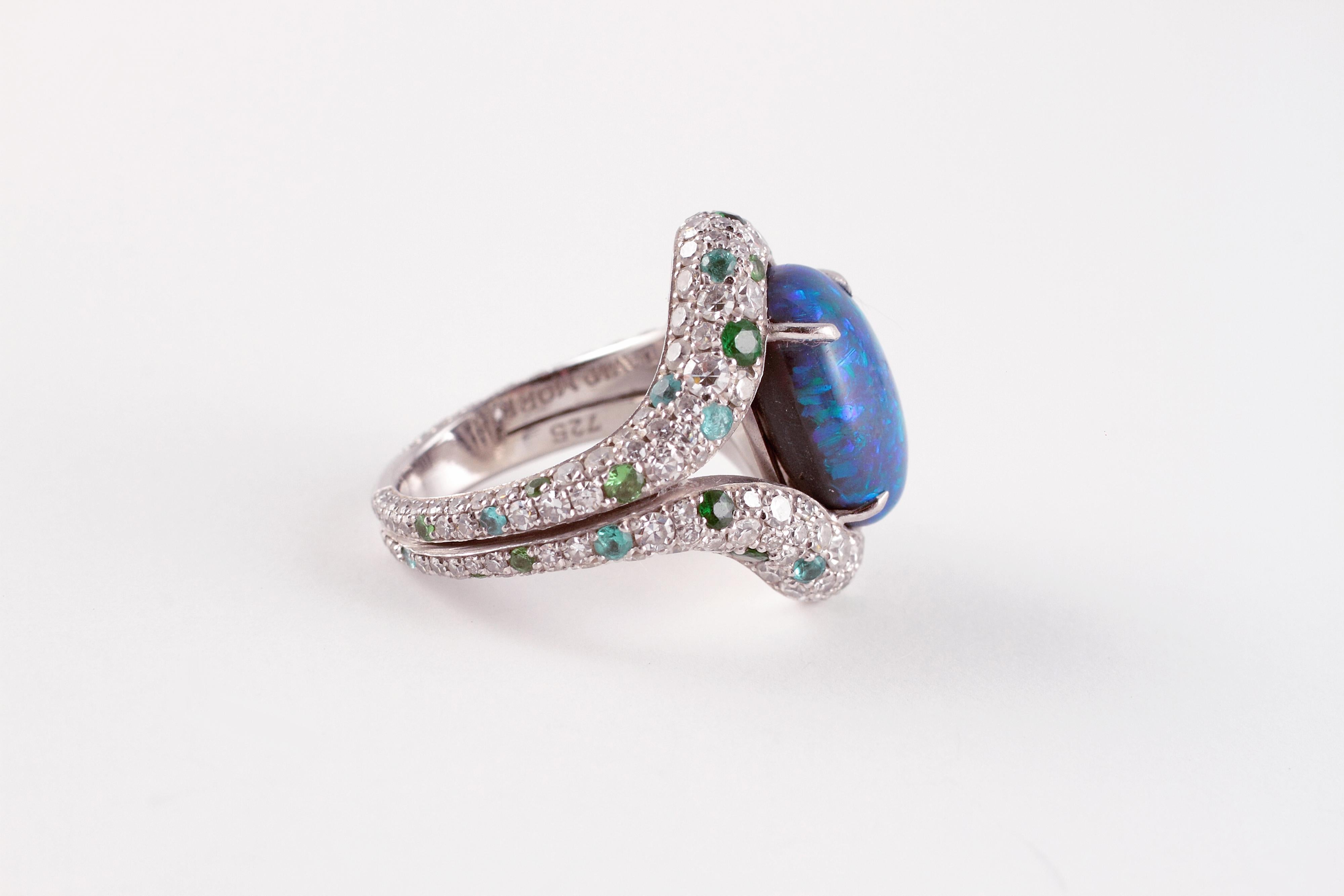 David Morris 4.82 Carat Opal 2.78 Carat Diamond Tsavorite Tourmaline Ring In Good Condition For Sale In Dallas, TX