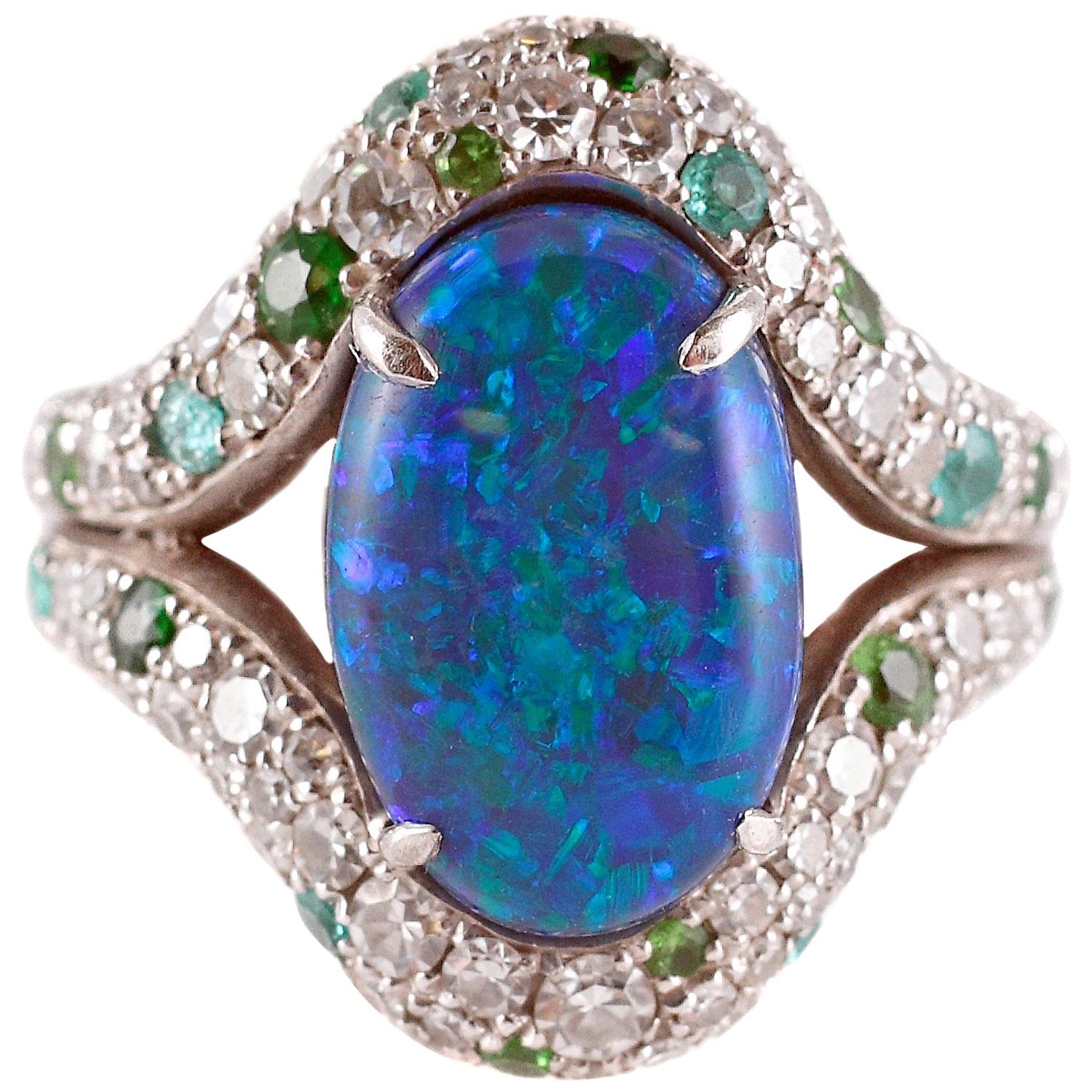 David Morris 4.82 Carat Opal 2.78 Carat Diamond Tsavorite Tourmaline Ring For Sale