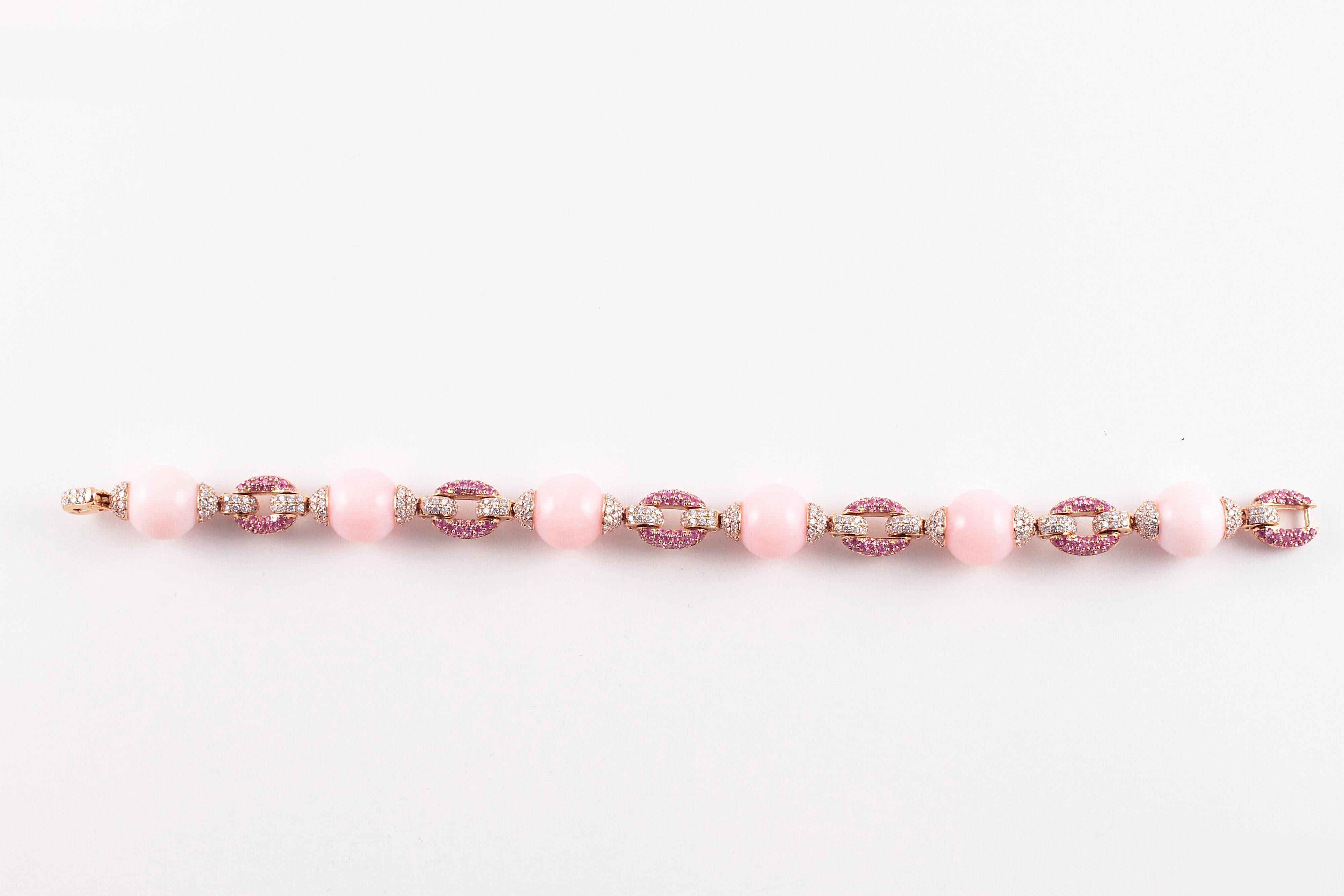 Women's or Men's 58.52 Carat Pink Opal 2.14 Carat Pink Sapphire 3.55 Carats Diamond Bracelet