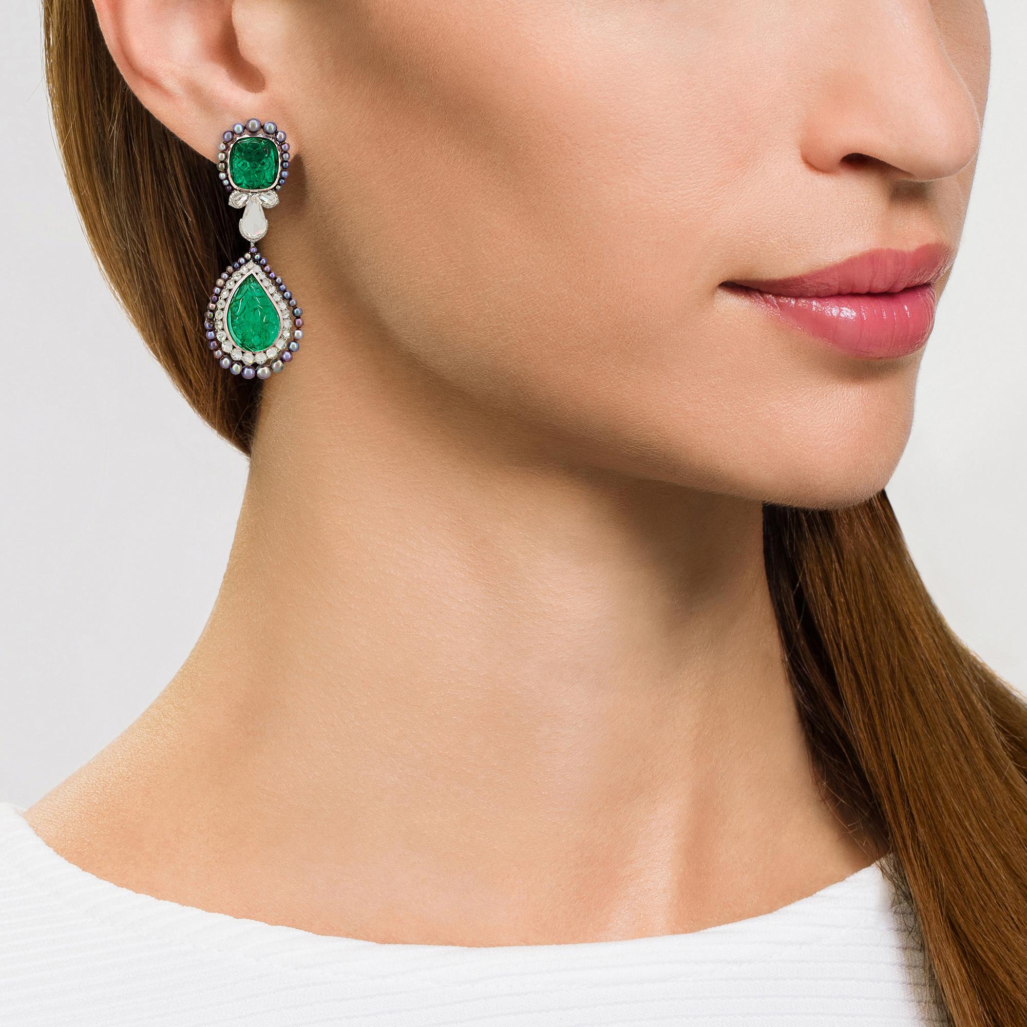 Contemporary David Morris Carved Emerald, Diamond & Black Pearl SSEF Certified Drop Earrings For Sale