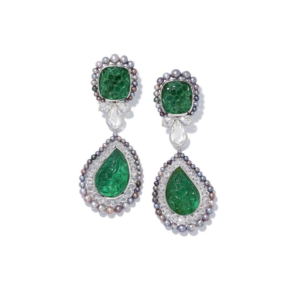 Radiant Cut David Morris Carved Emerald, Diamond & Black Pearl SSEF Certified Drop Earrings For Sale