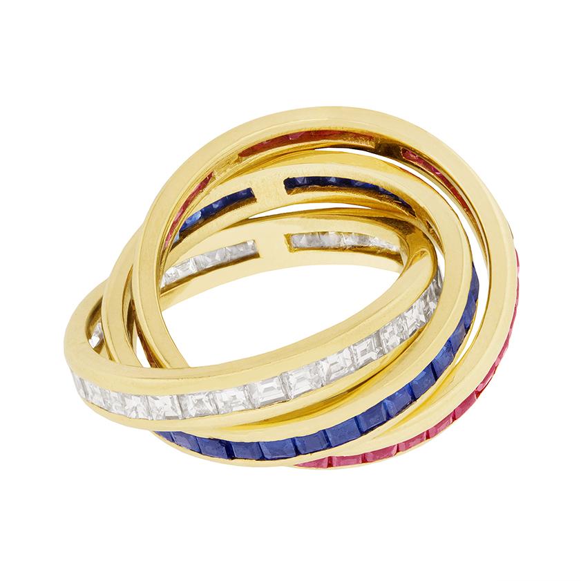 Square Cut David Morris Diamond, Sapphire and Ruby Tri-Band Ring, circa 1996