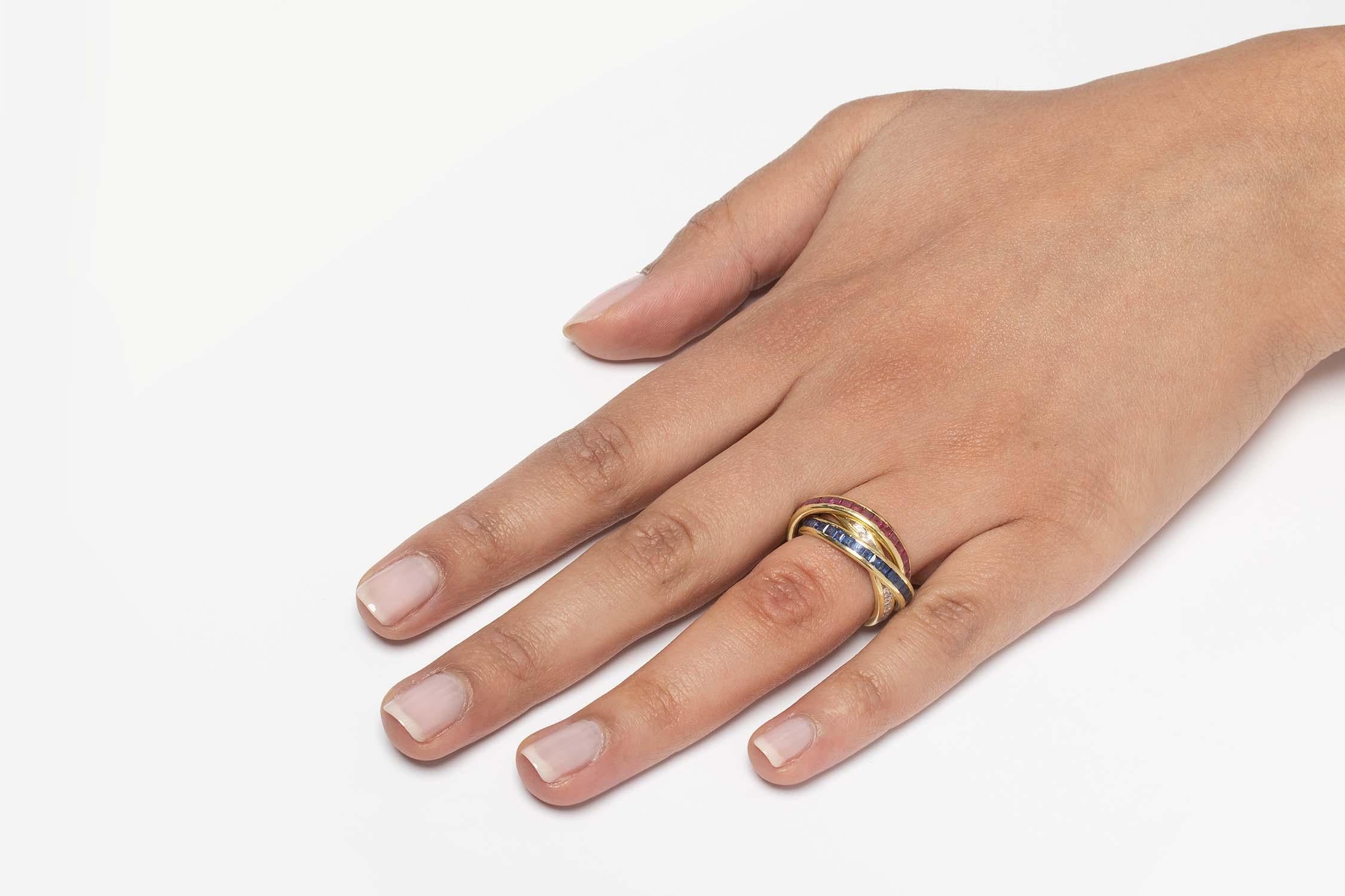 Women's or Men's David Morris Diamond, Sapphire and Ruby Tri-Band Ring, circa 1996