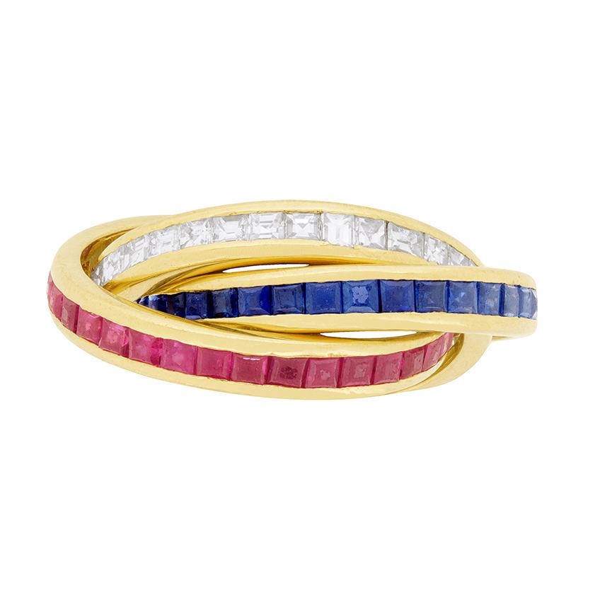 David Morris Diamond, Sapphire and Ruby Tri-Band Ring, circa 1996 For Sale