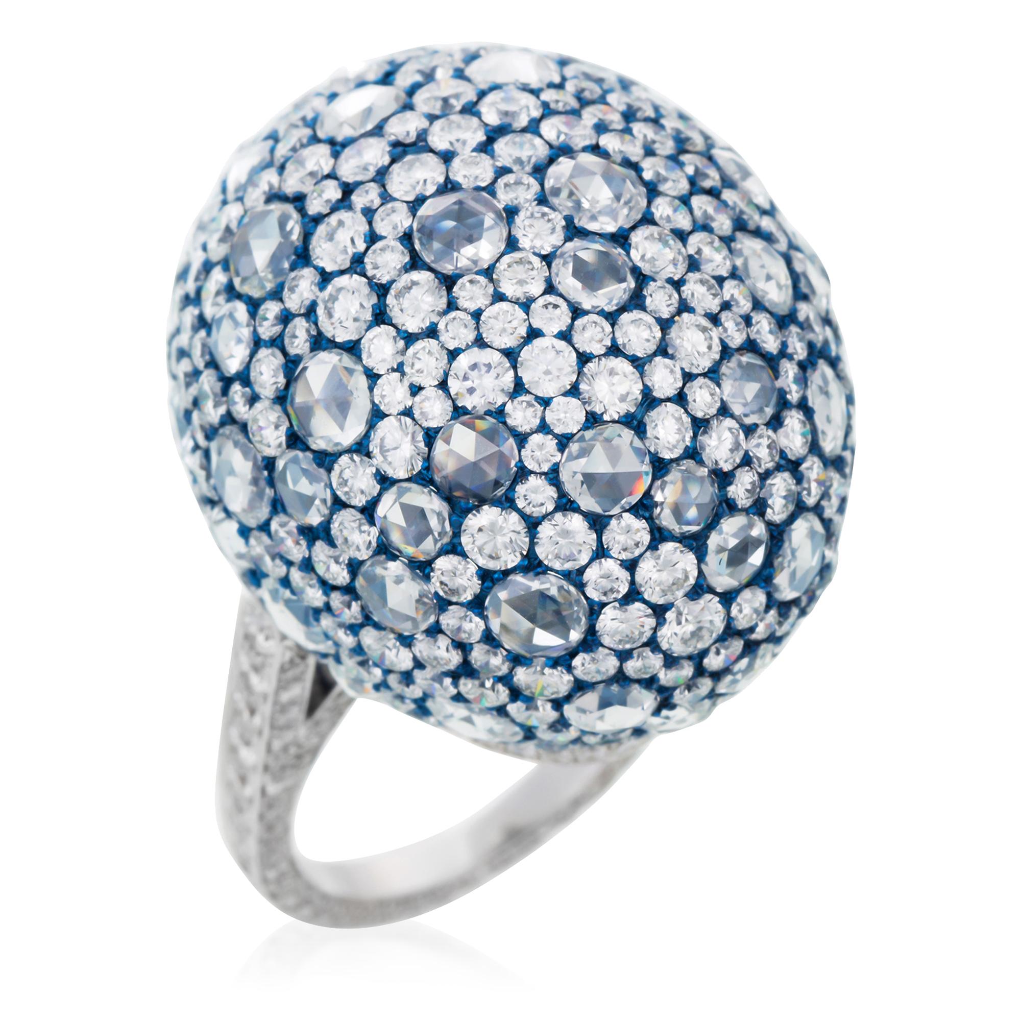 Contemporary David Morris Domed Rose Cut Diamond Set and Blue Titanium Cocktail Ring For Sale
