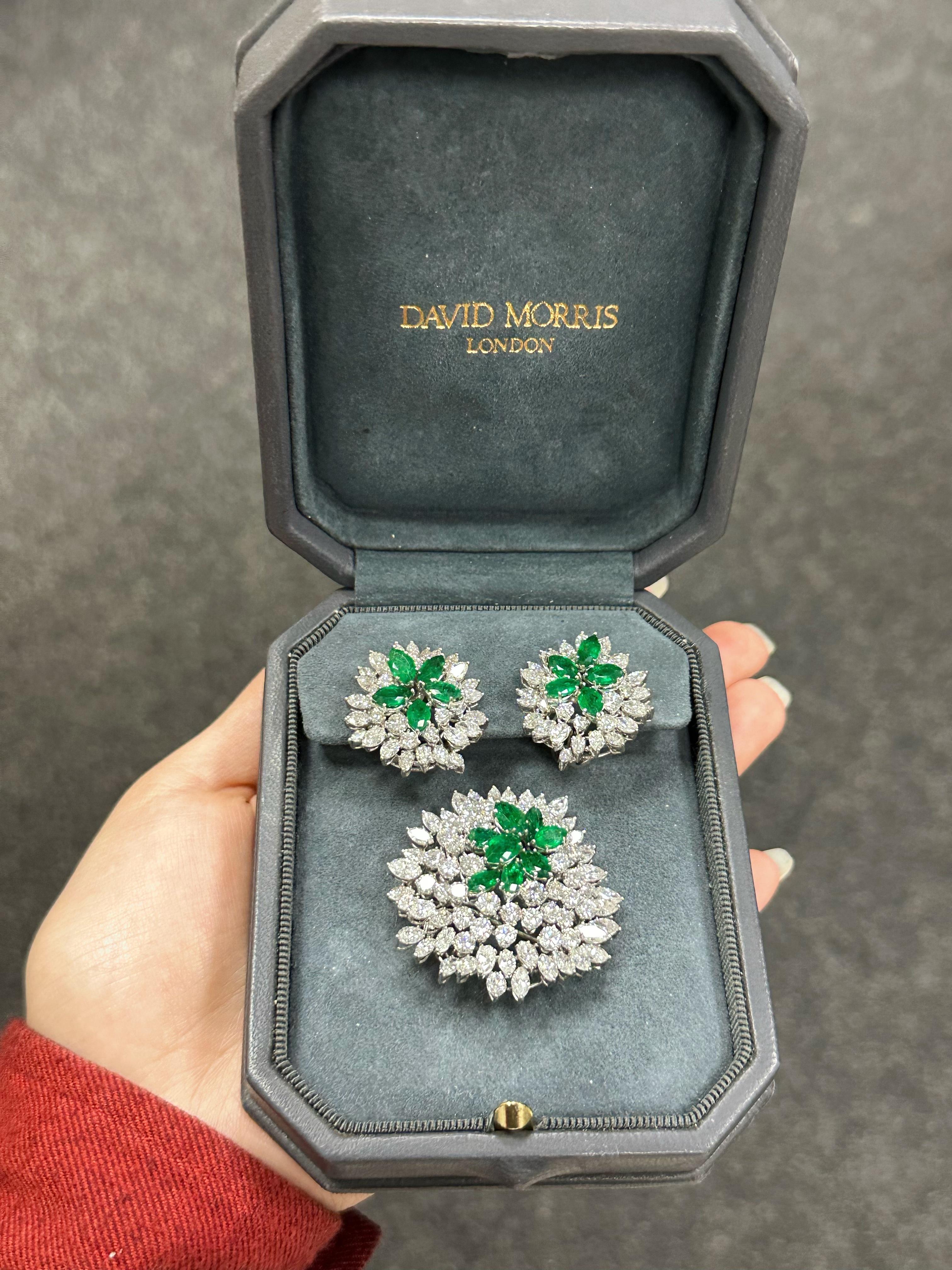 Marquise Cut David Morris Emerald Diamond Brooch and Earrings Set in Original Packaging  For Sale