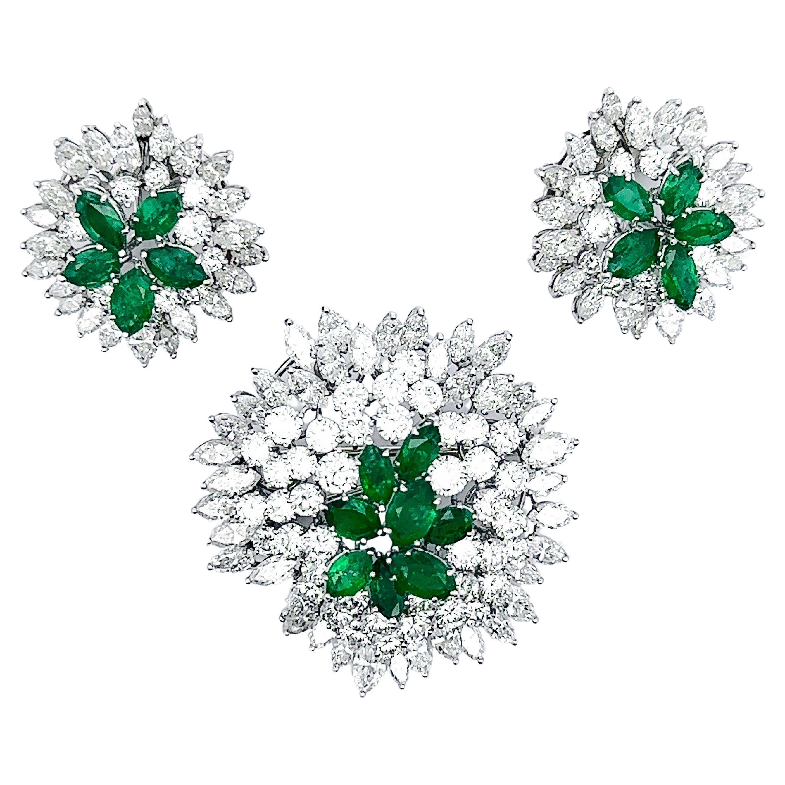 David Morris Emerald Diamond Brooch and Earrings Set in Original Packaging  For Sale