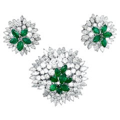 David Morris Emerald Diamond Brooch and Earrings Set in Original Packaging