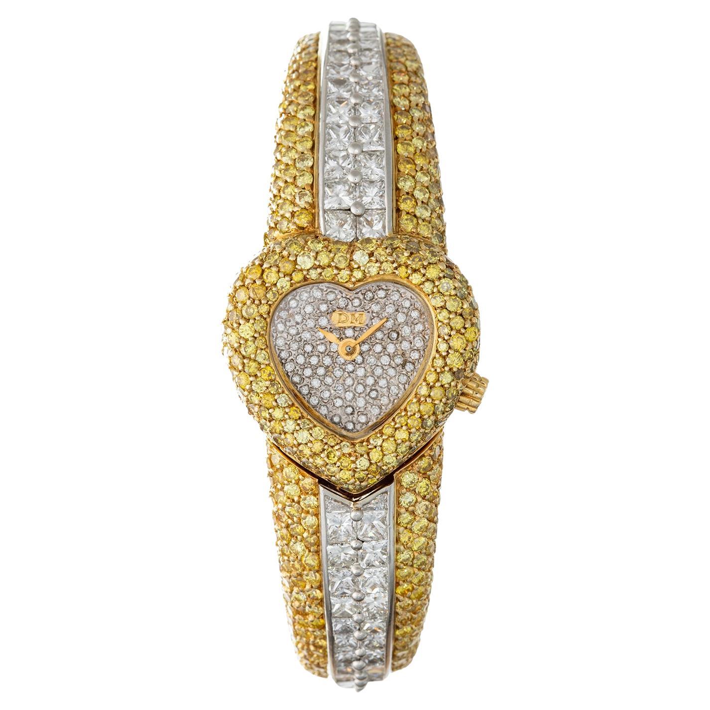 David Morris Fancy Intense Yellow White Diamond Bracelet Watch For Sale
