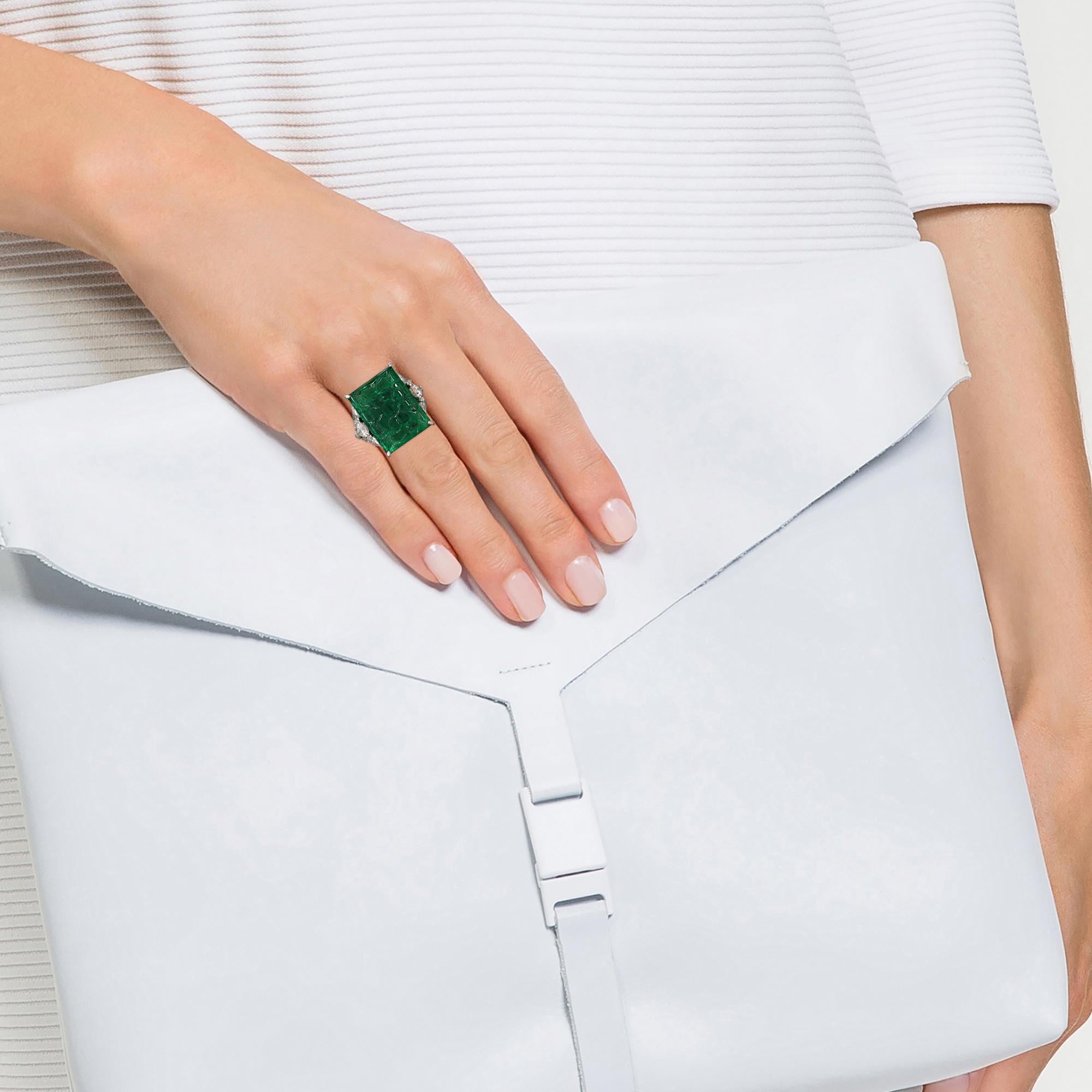 Upon viewing this extraordinary David Morris emerald ring, you come to understand why this enigmatic jewel has been so desired throughout history, and continues to captivate the women of today.

The ring’s remarkable, 15 carat cushion-cut Zambian