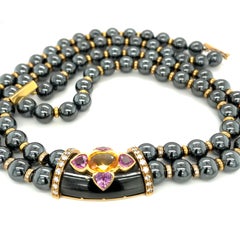 David Morris Hematite Bead Necklace with 1.18Ct Dia. 6.24Ct Pink/Yel Sapphires