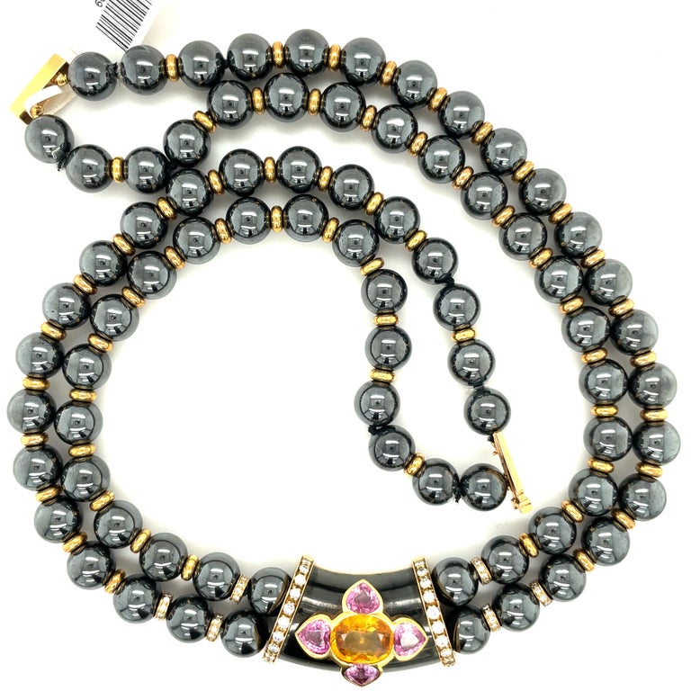 Oval Cut David Morris Hematite Bead Necklace with 1.18Ct Dia. 6.24Ct Pink/Yel Sapphires For Sale