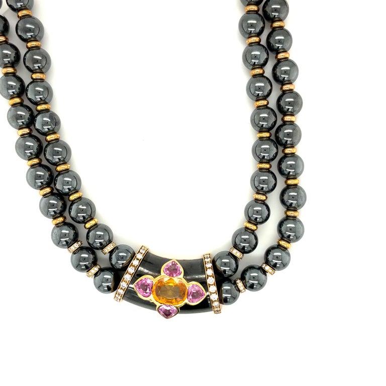 David Morris Hematite Bead Necklace with 1.18Ct Dia. 6.24Ct Pink/Yel Sapphires In New Condition For Sale In New York, NY