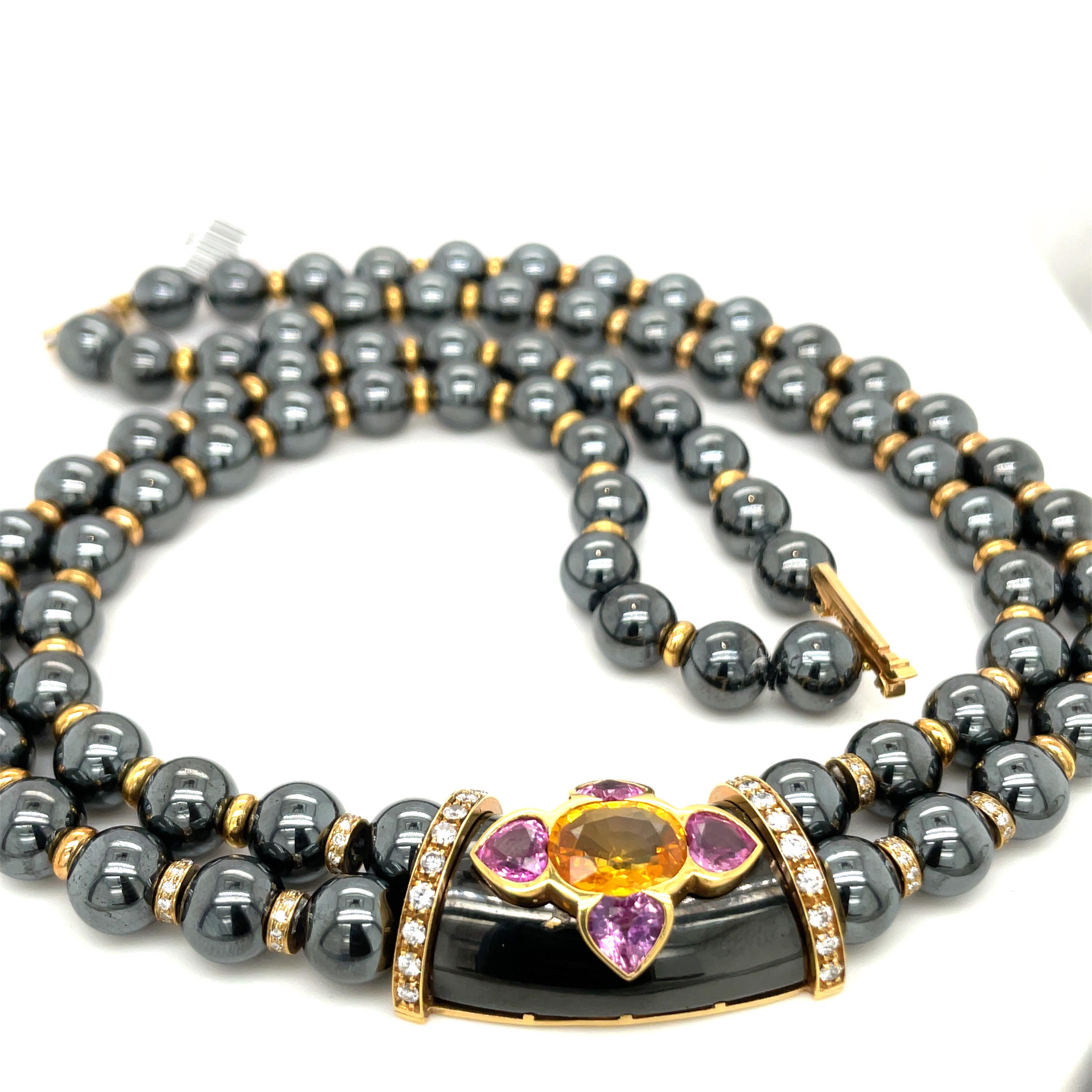 Retro David Morris Hematite Bead Necklace with 1.18Ct Dia. 6.24Ct Pink/Yel Sapphires For Sale