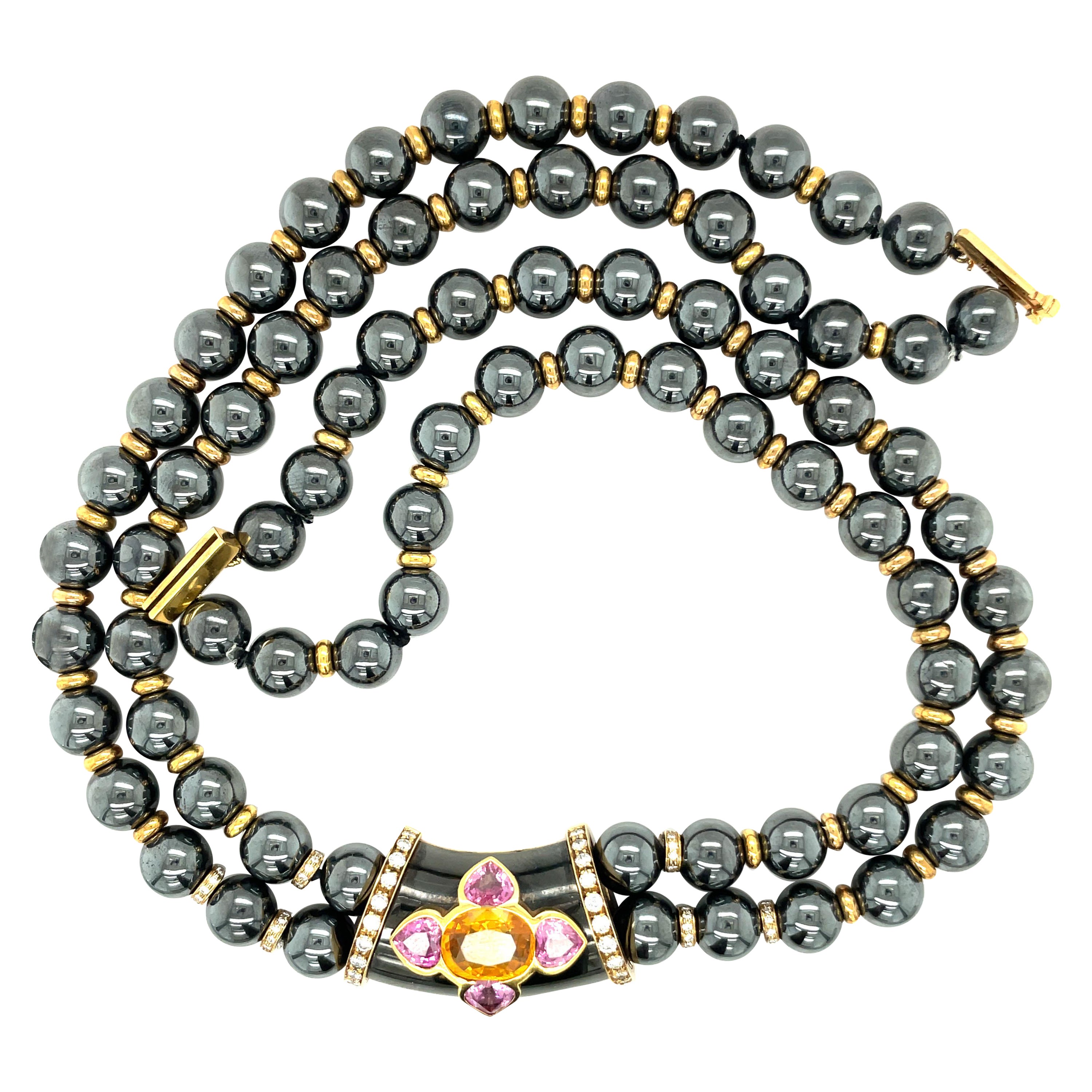 David Morris Collier de perles d'hématite avec 1.18Ct Dia. 6.24Ct Pink/Yel Sapphires