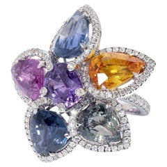 David Morris Multicolour Sapphire and White Diamond Flower Cocktail Ring