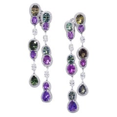 David Morris, boucles d'oreilles pendantes ovales en saphirs multicolores et diamants blancs