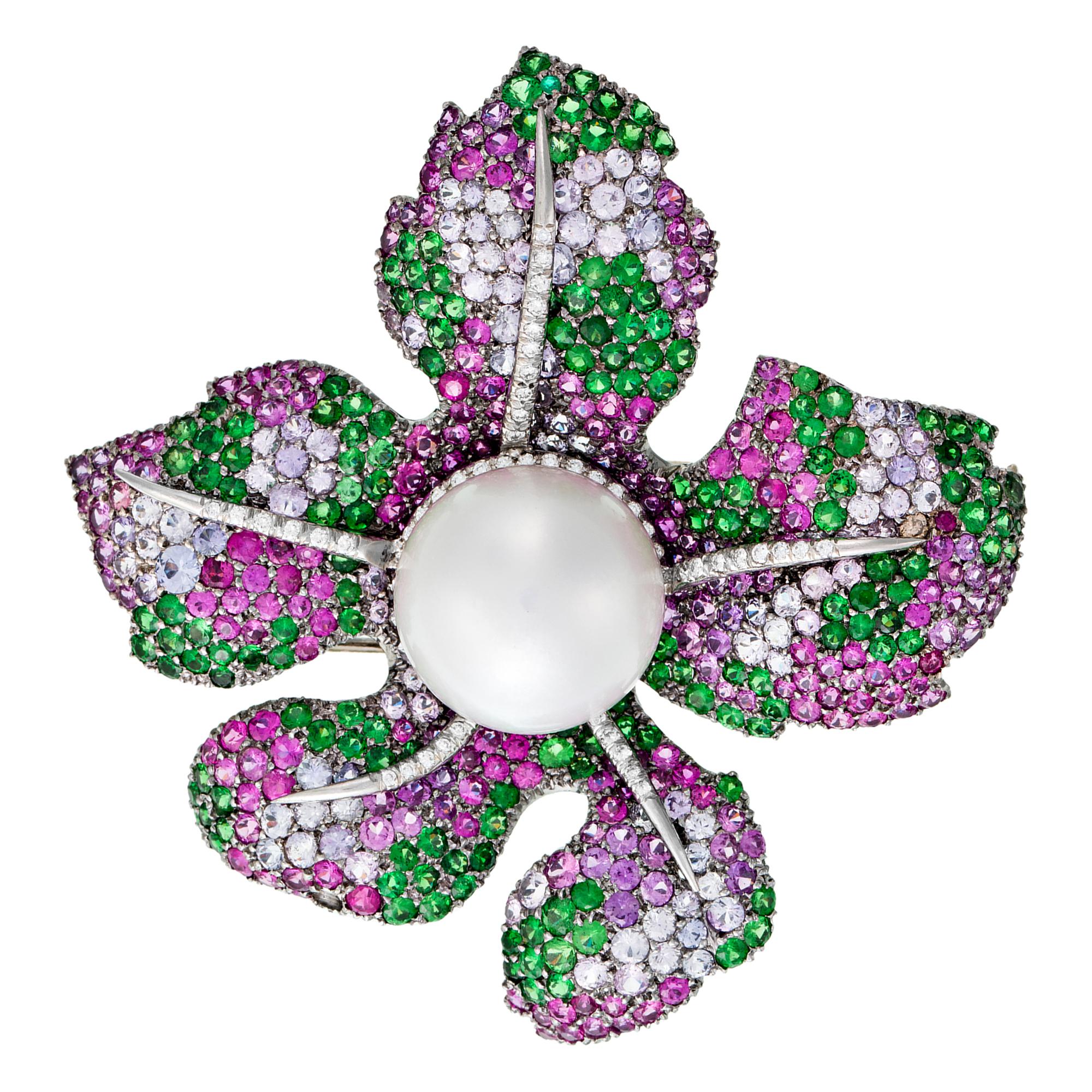 Round Cut David Morris Multicolour Sapphire, Tsavorite, Diamond & Pearl Flower Brooch For Sale