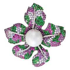 David Morris Multicolour Sapphire, Tsavorite, Diamond & Pearl Flower Brooch