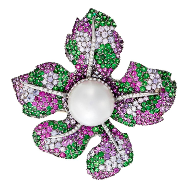 Multicolor Sapphire, Tsavorite, Diamond and Pearl Flower Brooch