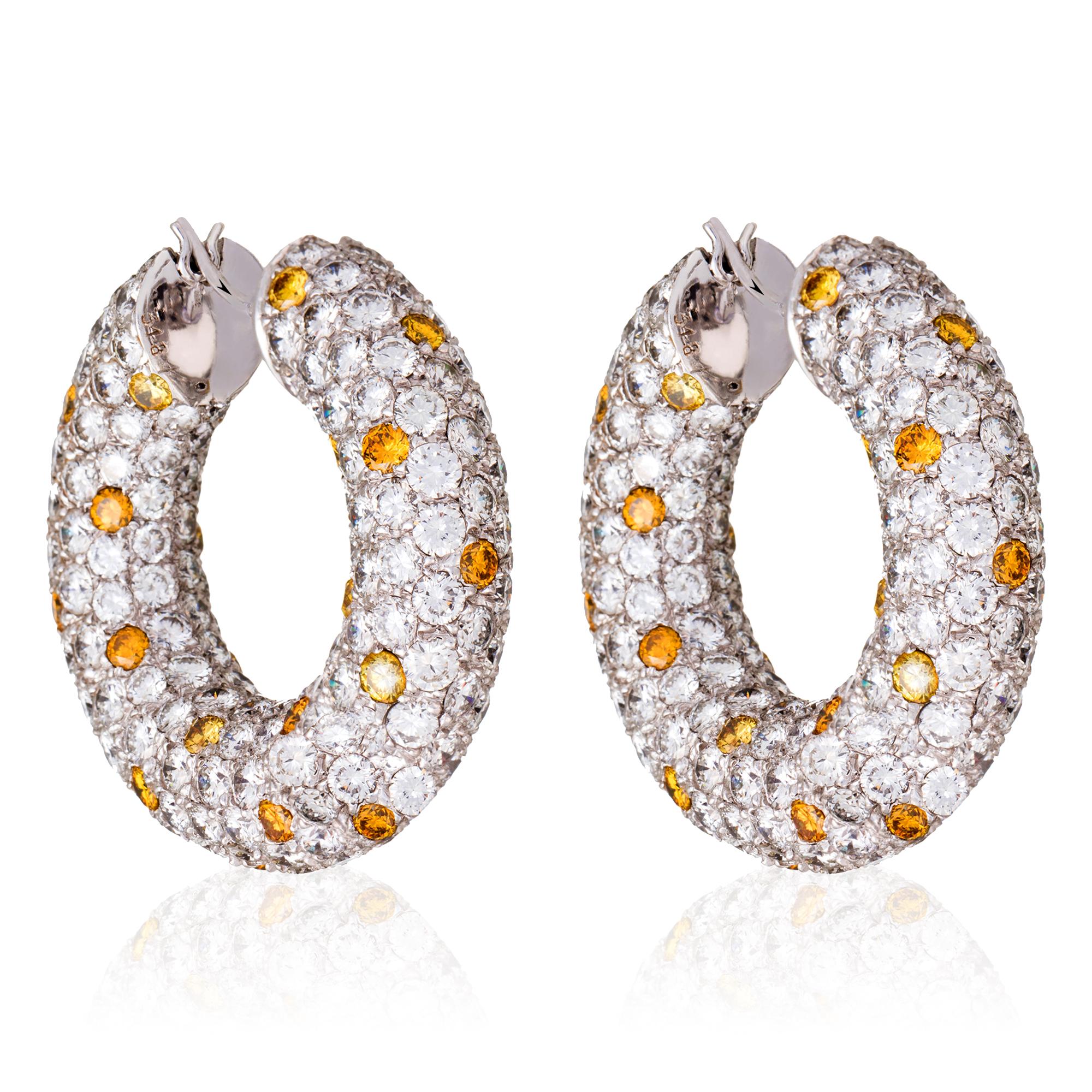 Contemporary David Morris Pave Diamond & Yellow Sapphire Set Hoop Earrings For Sale