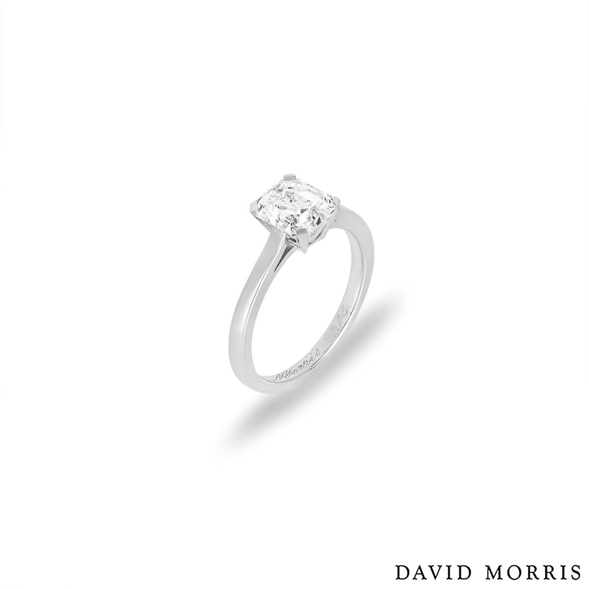A stunning platinum emerald cut diamond ring by David Morris. The ring comprises of an emerald cut diamond in a four claw setting with a weight of 1.73ct, is D colour and is VS2 clarity. The ring is currently a size UK M - EU 52 - US 6 but can be
