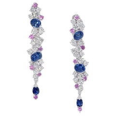 David Morris Platinum White Diamond and Sapphire Cluster Drop Earrings