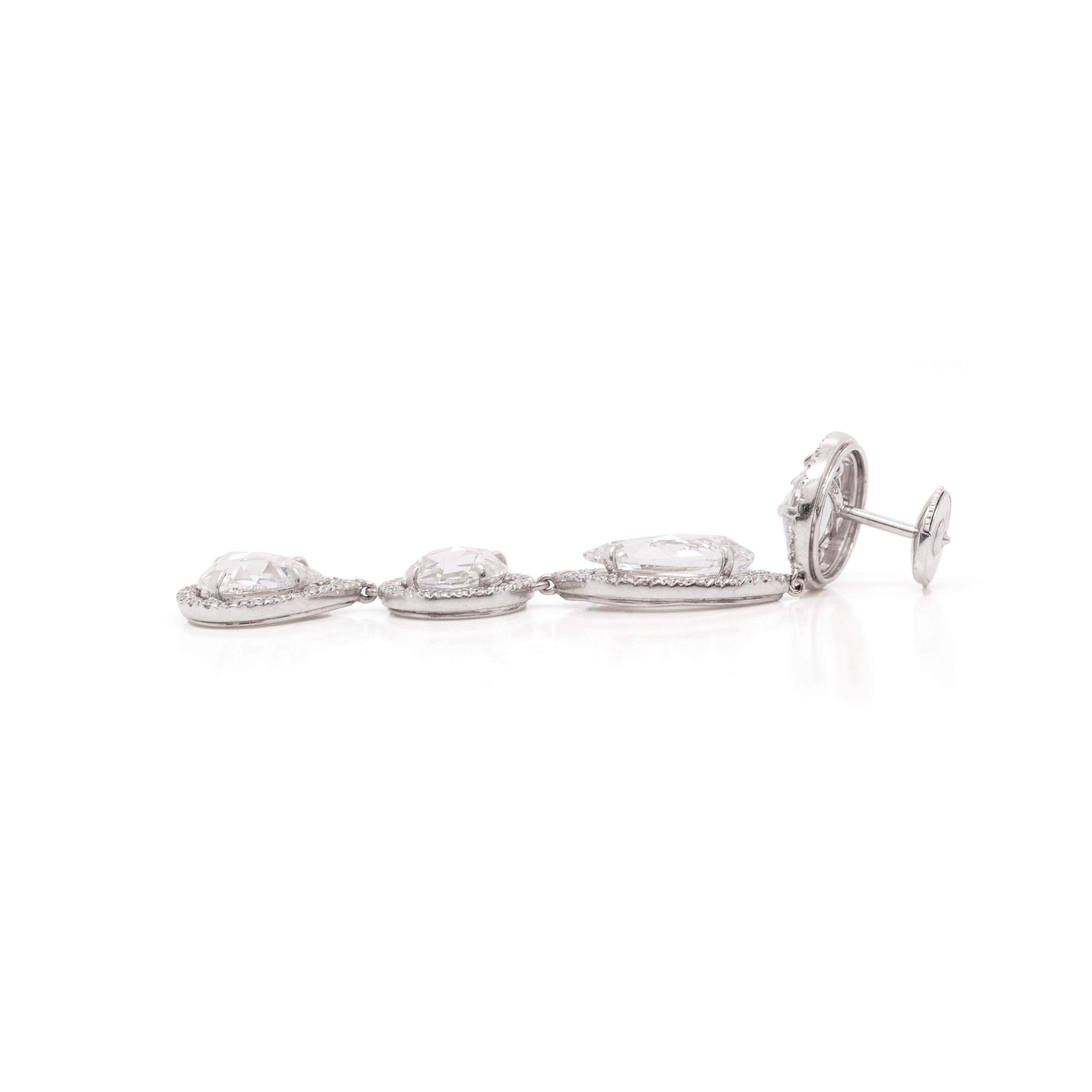 Modern David Morris Rose Cut Diamond Platinum Drop Earrings For Sale