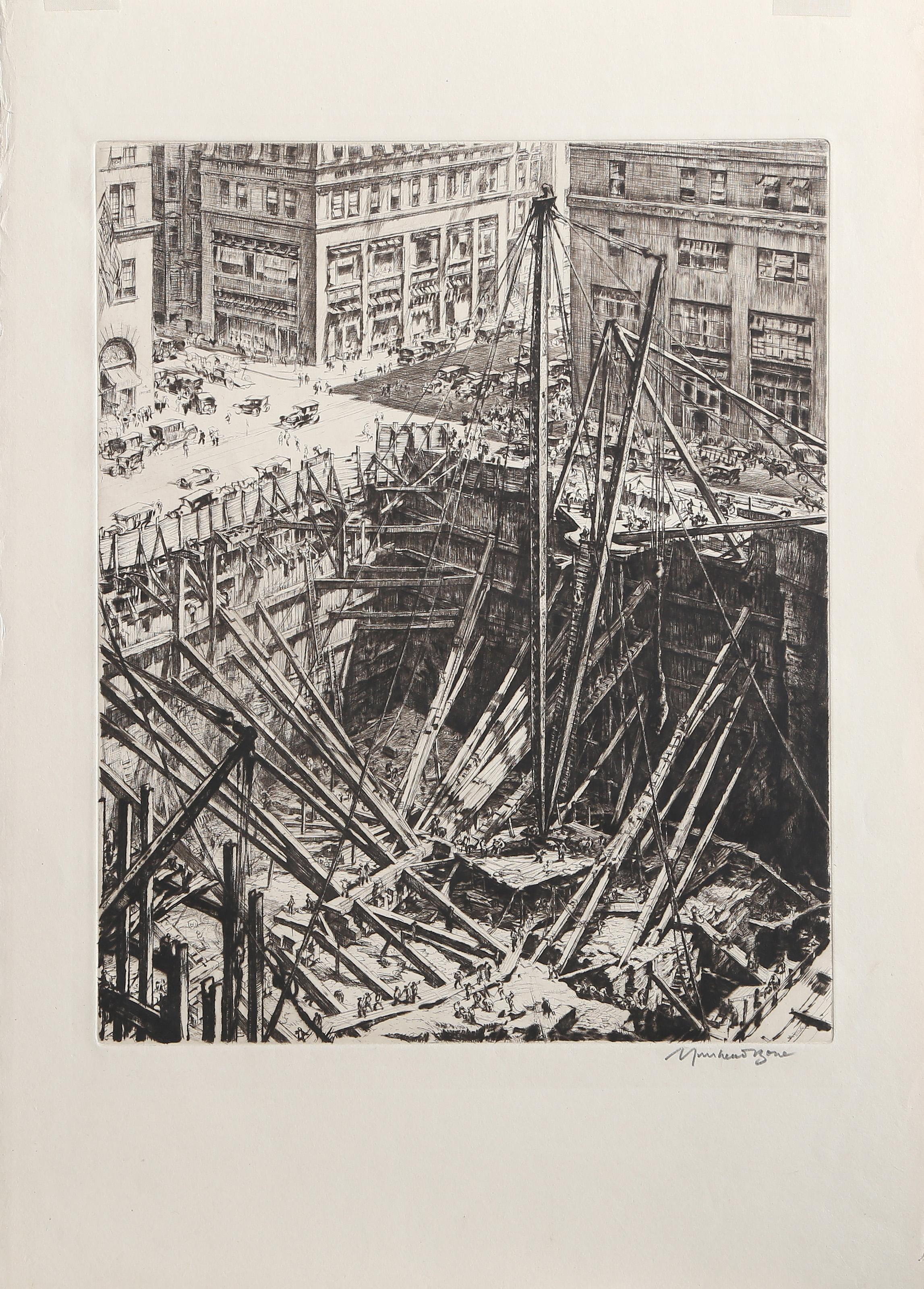 Manhattan Excavation, Signed Etching by David Muirhead Bone For Sale 1