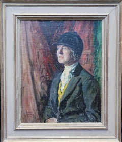 Vintage Hunting Lady - British thirties art female portrait oil painting horse riding