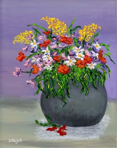 David Najar Flower Base Signed Contemporary Unique Oil Painting Canvas Framed