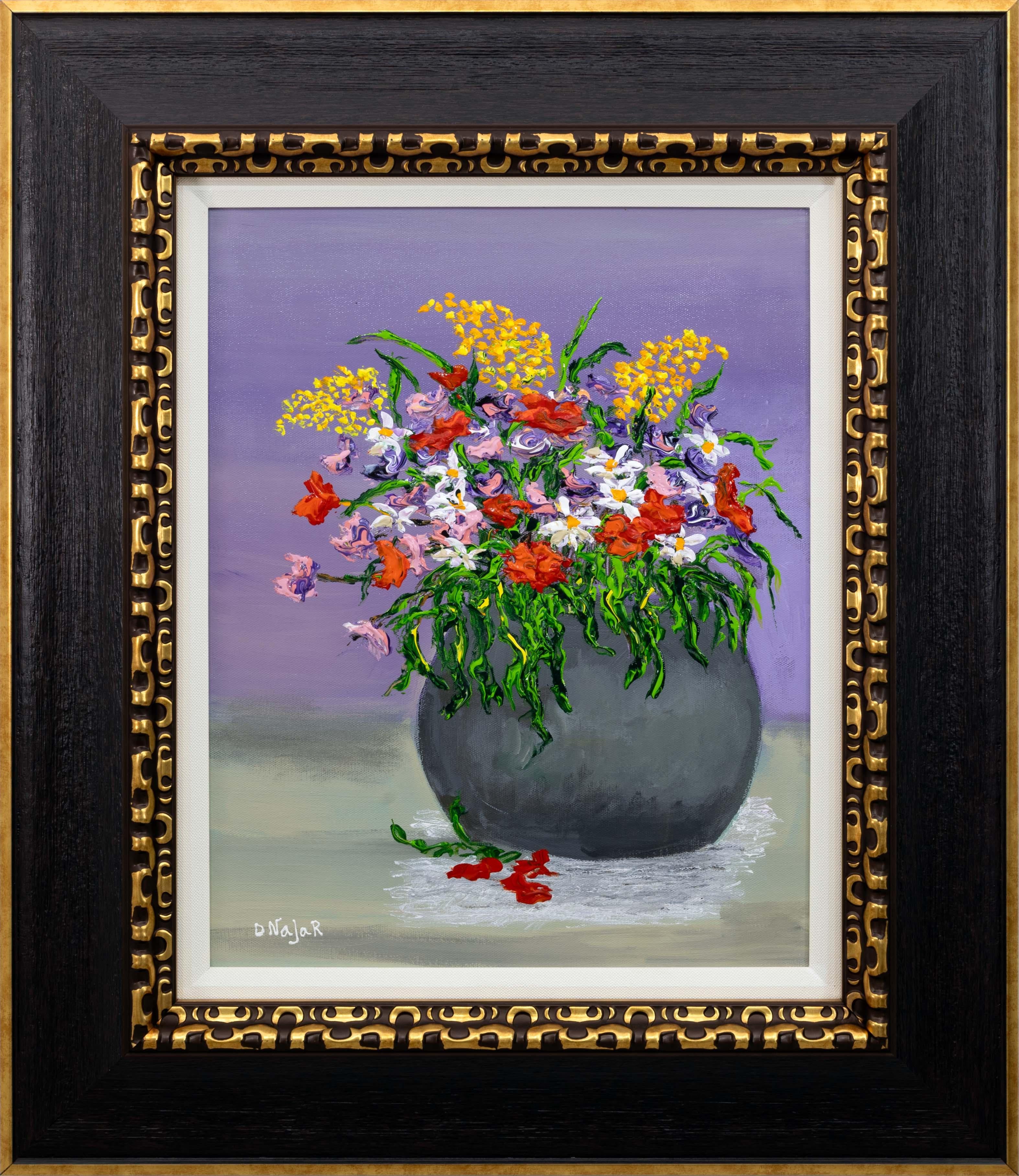 David Najar Flower Base Signed Contemporary Unique Oil Painting Canvas Framed (Israelisch) im Angebot