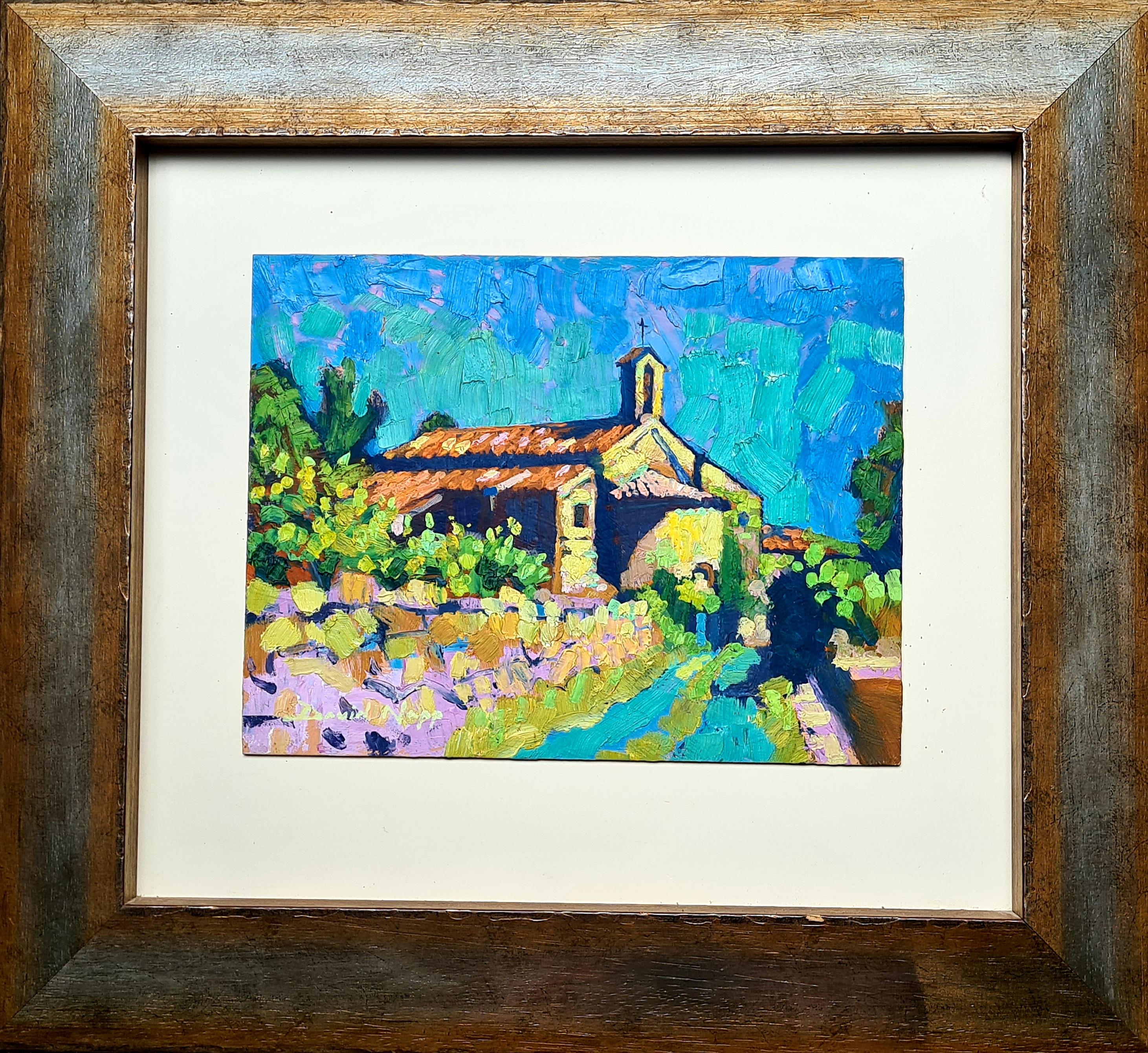 Paesaggio fauvista, La cappella di St. Martin, Cotignac, Provenza. Olio su tavola. - Painting di David Napp