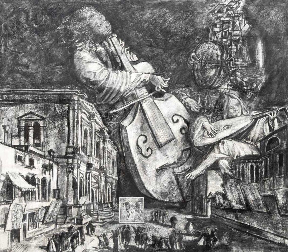 Musicians Floating Amongst a City Landscape Scene - Painting by David Newman