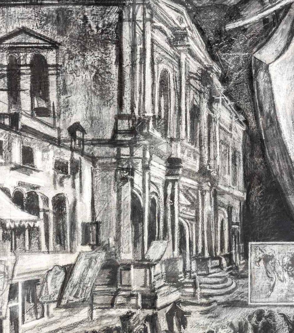 Musicians Floating Amongst a City Landscape Scene - Surrealist Painting by David Newman