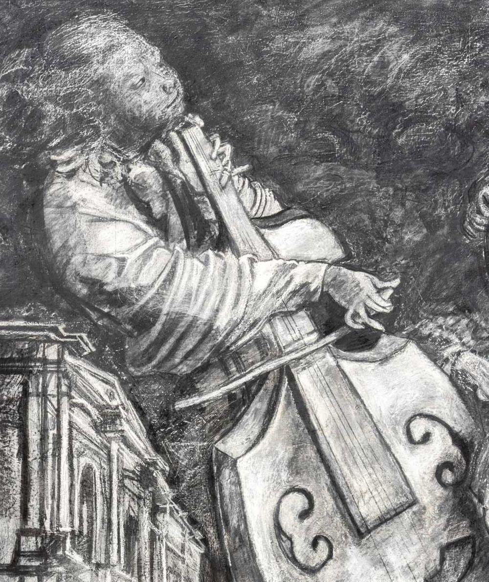 Musicians Floating Amongst a City Landscape Scene - Gray Landscape Painting by David Newman