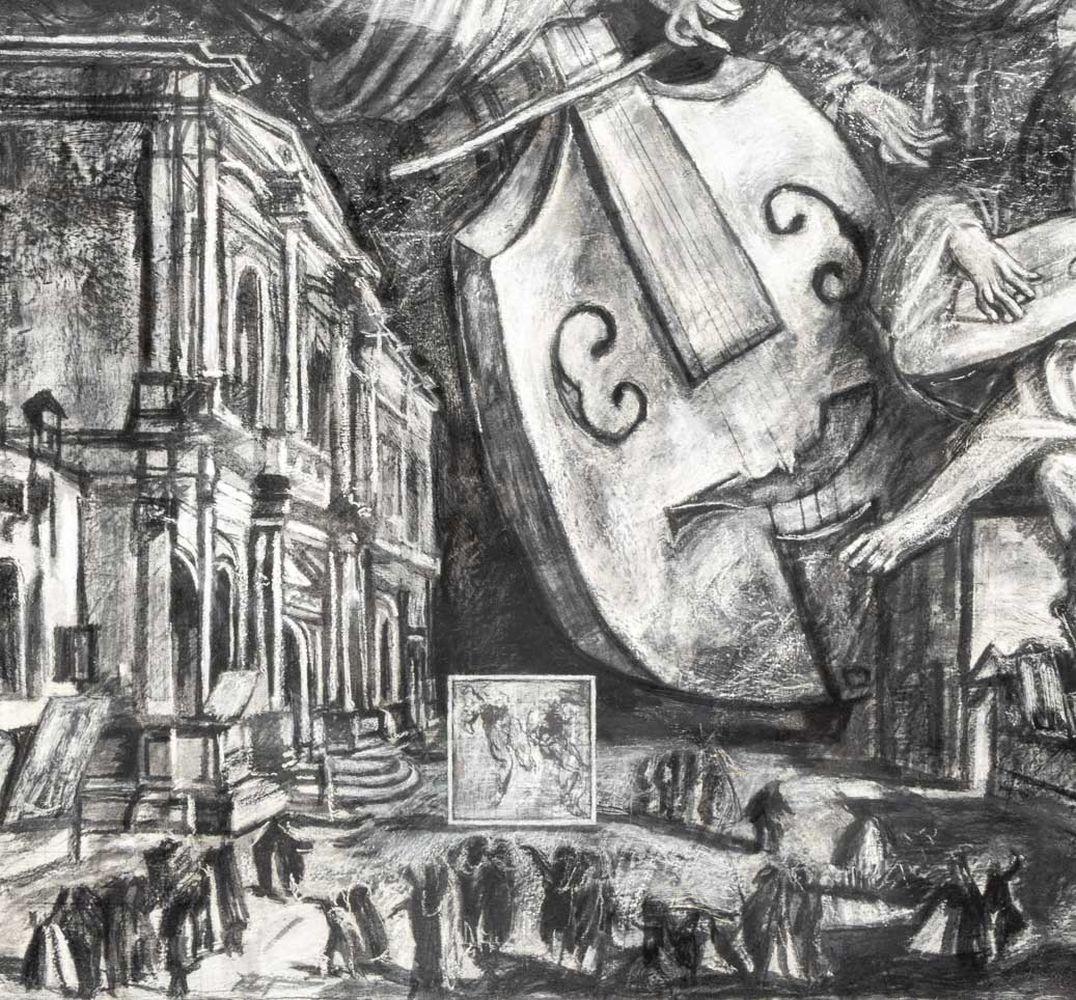 David Newman (American, b. 1956) Musicians Floating Amongst a City Landscape Scene, Oil on Canvas, wood frame. Image: 70