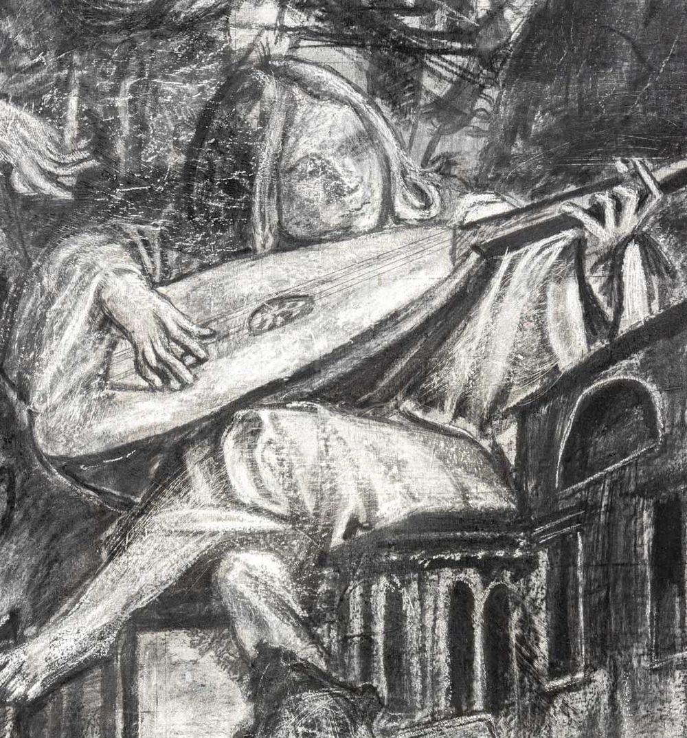 Musicians Floating Amongst a City Landscape Scene For Sale 1