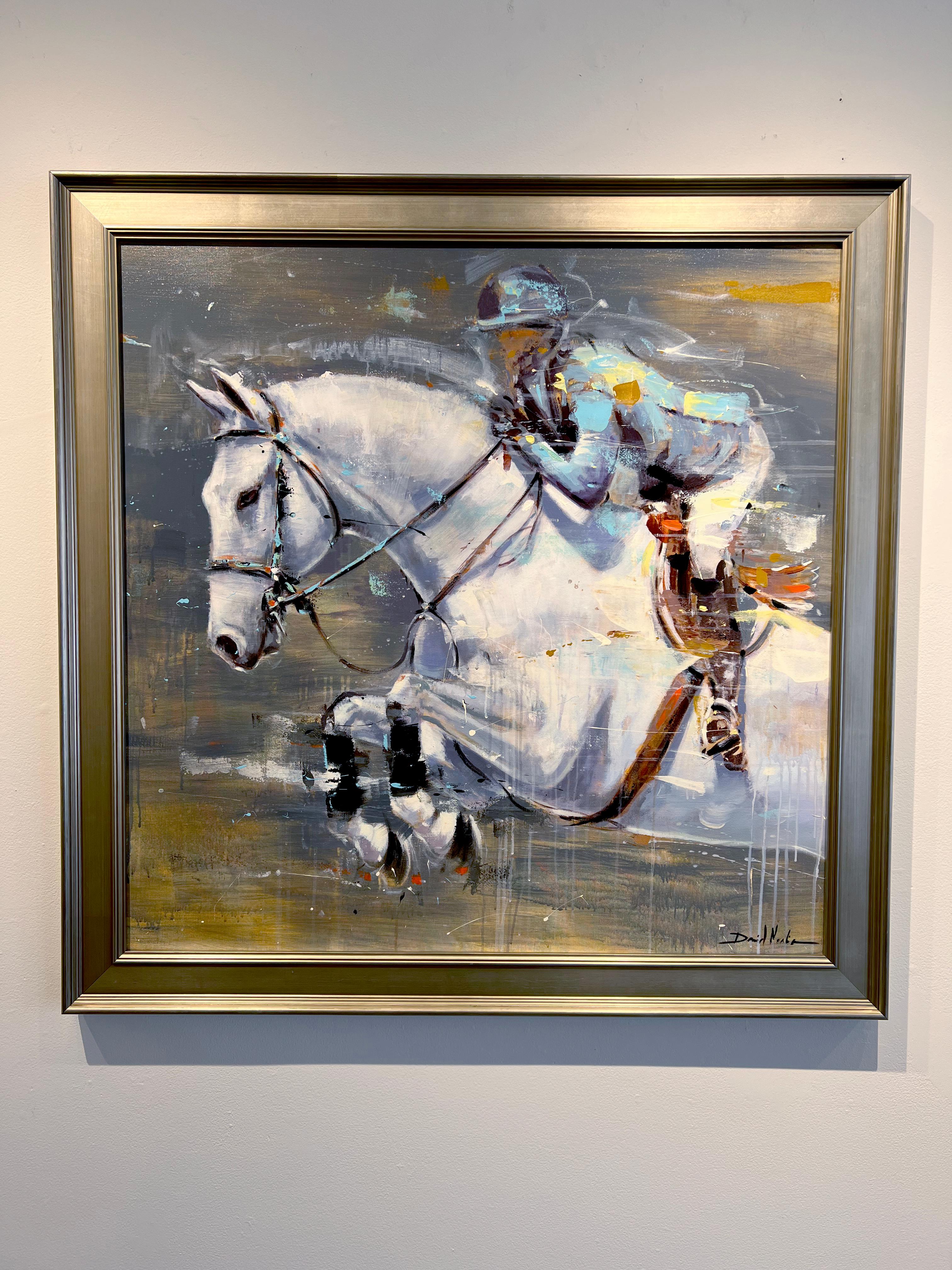 Peinture à l'huile Equine Dressage colorée « Jumping in White », David Noalia, 40x40 en vente 1