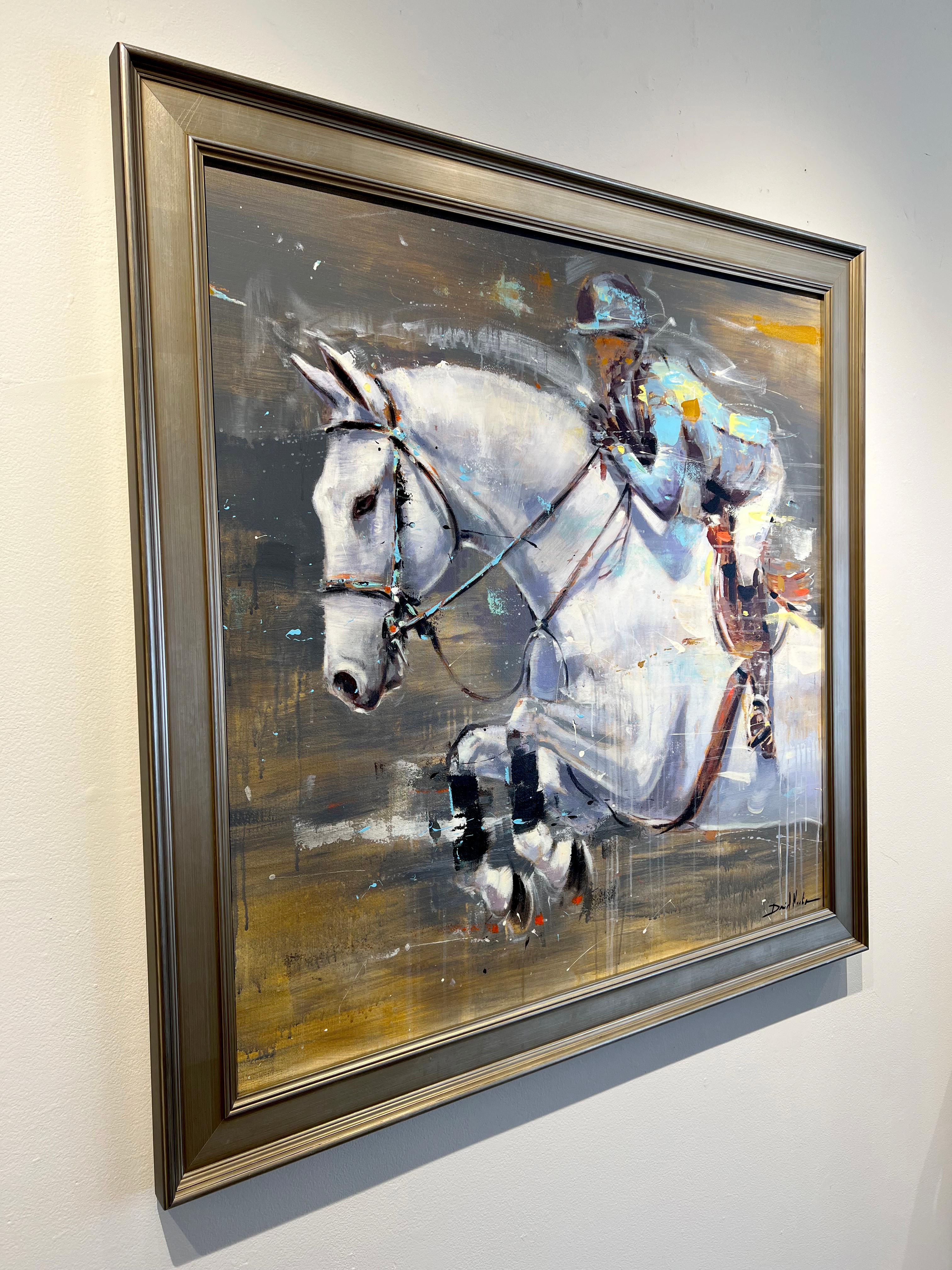 Peinture à l'huile Equine Dressage colorée « Jumping in White », David Noalia, 40x40 en vente 2