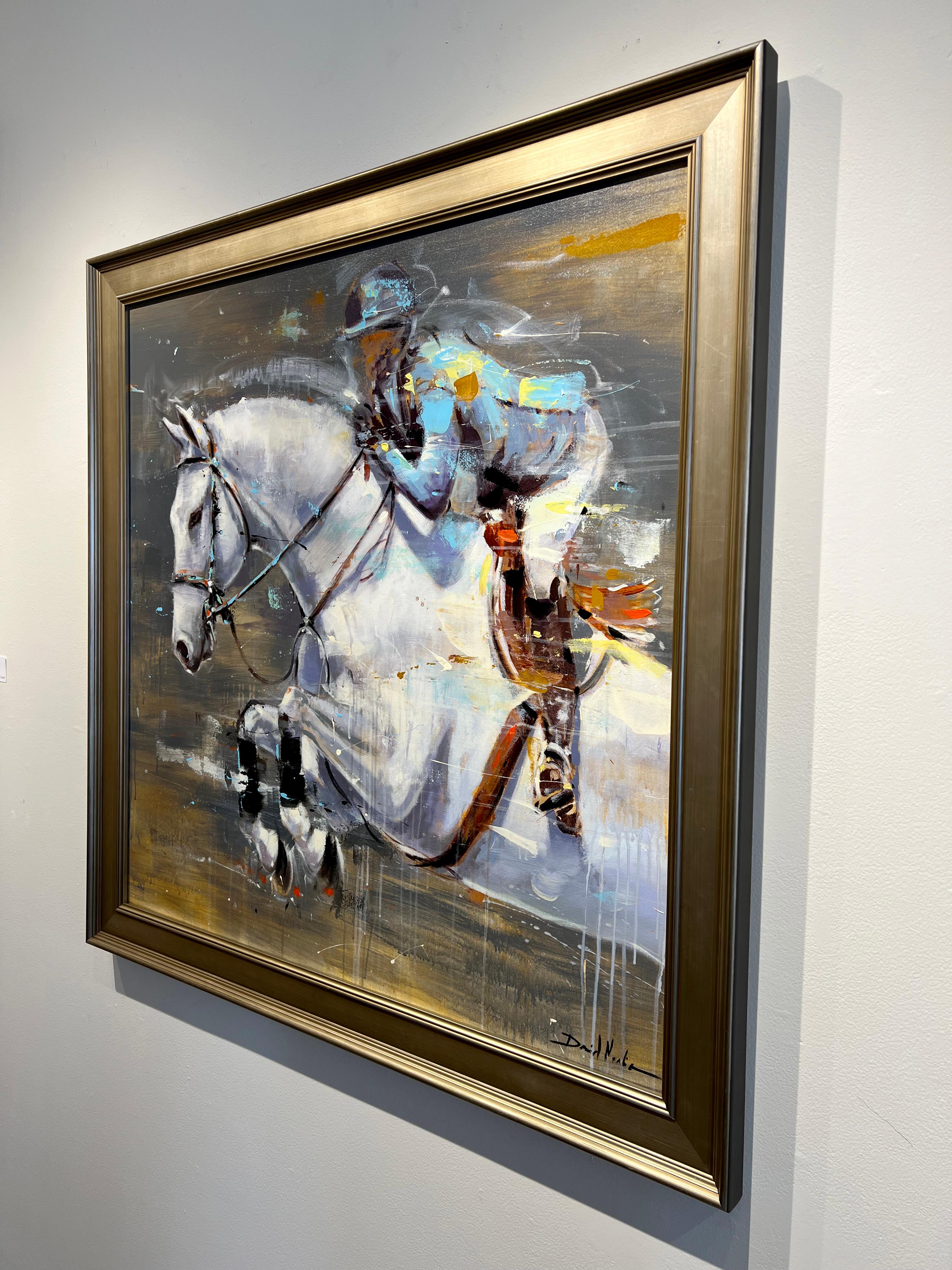 Peinture à l'huile Equine Dressage colorée « Jumping in White », David Noalia, 40x40 en vente 3