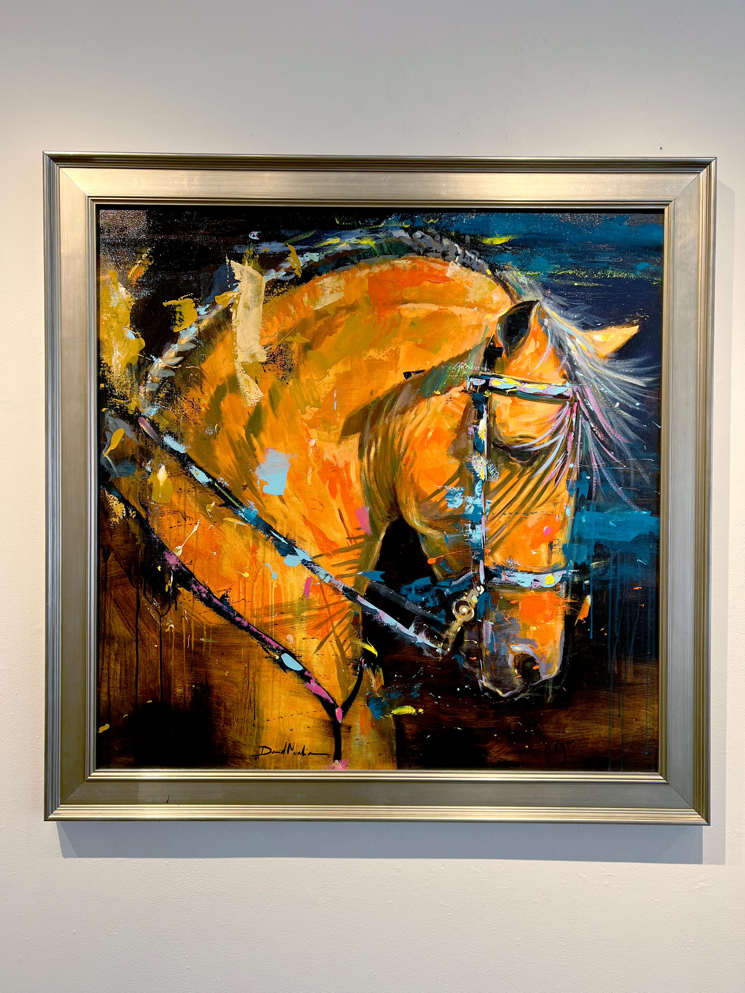 David Noalia, « Moreno », portrait de cheval d'équitation brun, peinture à l'huile sur toile, 40x40 en vente 1