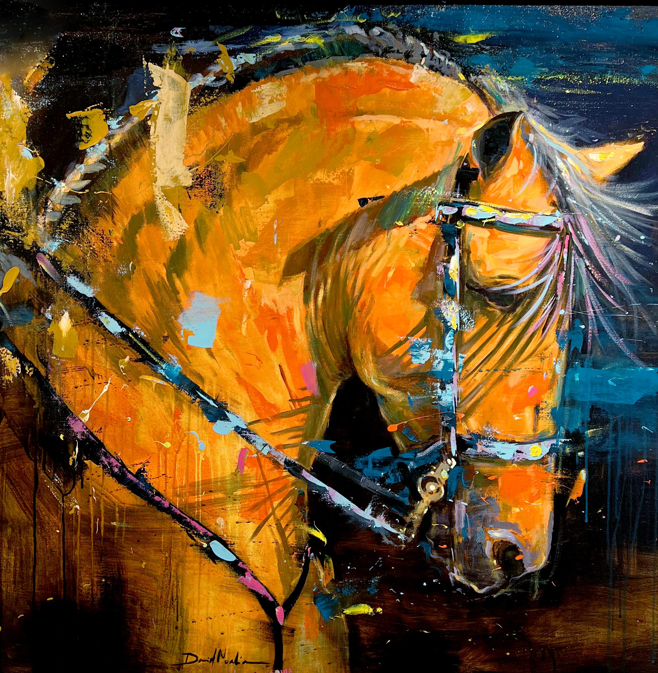 Cette œuvre colorée, "Moreno", est une peinture à l'huile équine sur toile de 40x40 représentant un cheval marron clair sur un fond sombre, habillé pour le spectacle. Des roses, des violets et des bleus vifs dansent autour de l'animal, capturant
