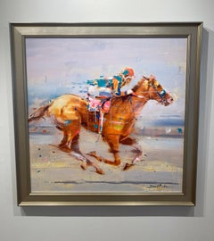 David Noalia, "Focus vincente", quadro ad olio colorato 40x40 sulle corse dei cavalli