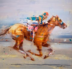 David Noalia, "Winning Focus", 40x40 Colorful Horse Racing Oil Painting 