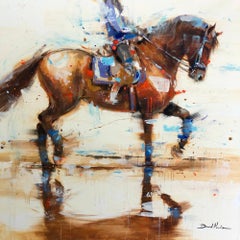 David Noalia, „Blauer Reiter“, 40x40, farbenfrohes Ölgemälde auf Leinwand, Equine-Reiter