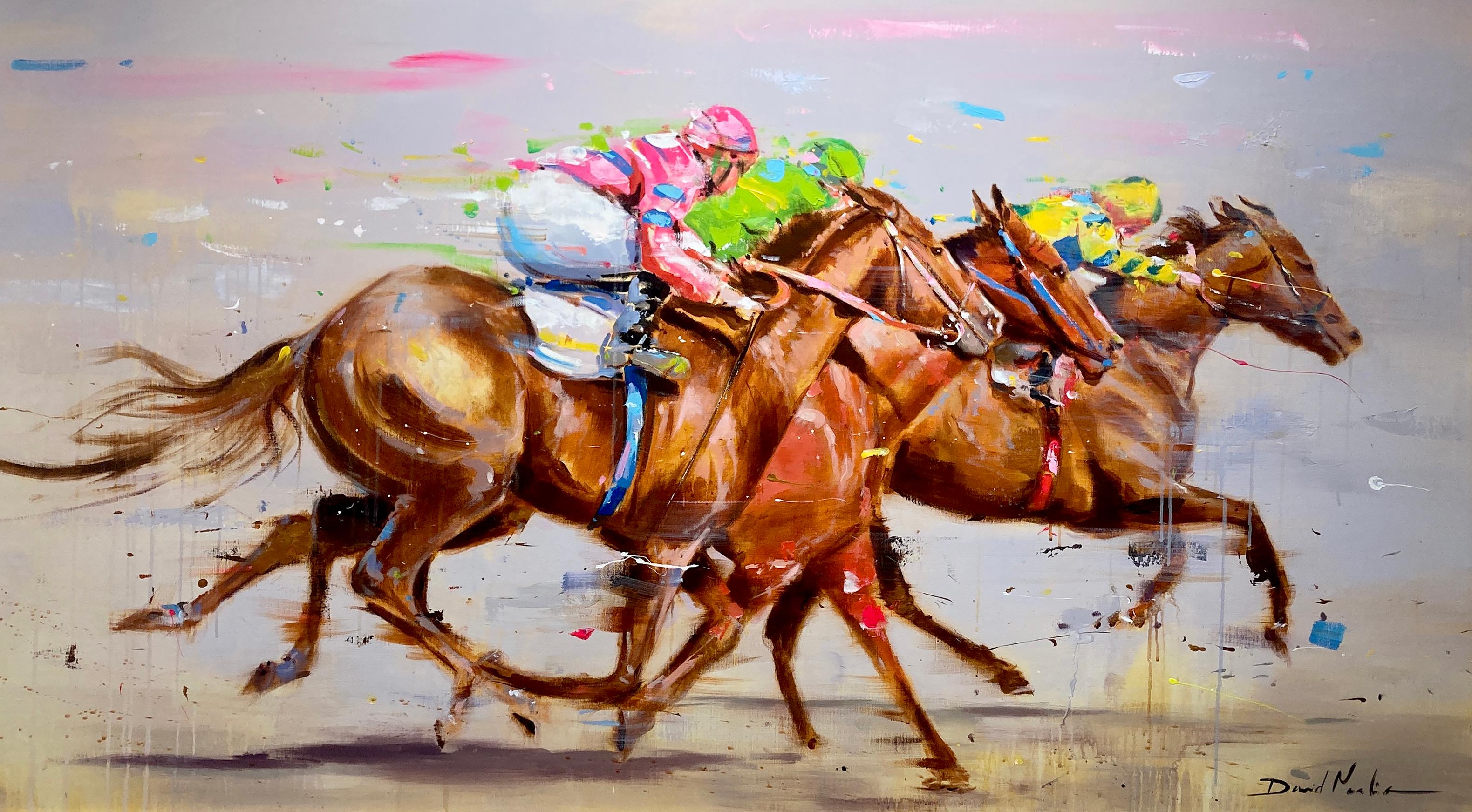 David Noalia, "Sound of Thunder", 36x63 Colorful Equine Horse Race Oil Painting