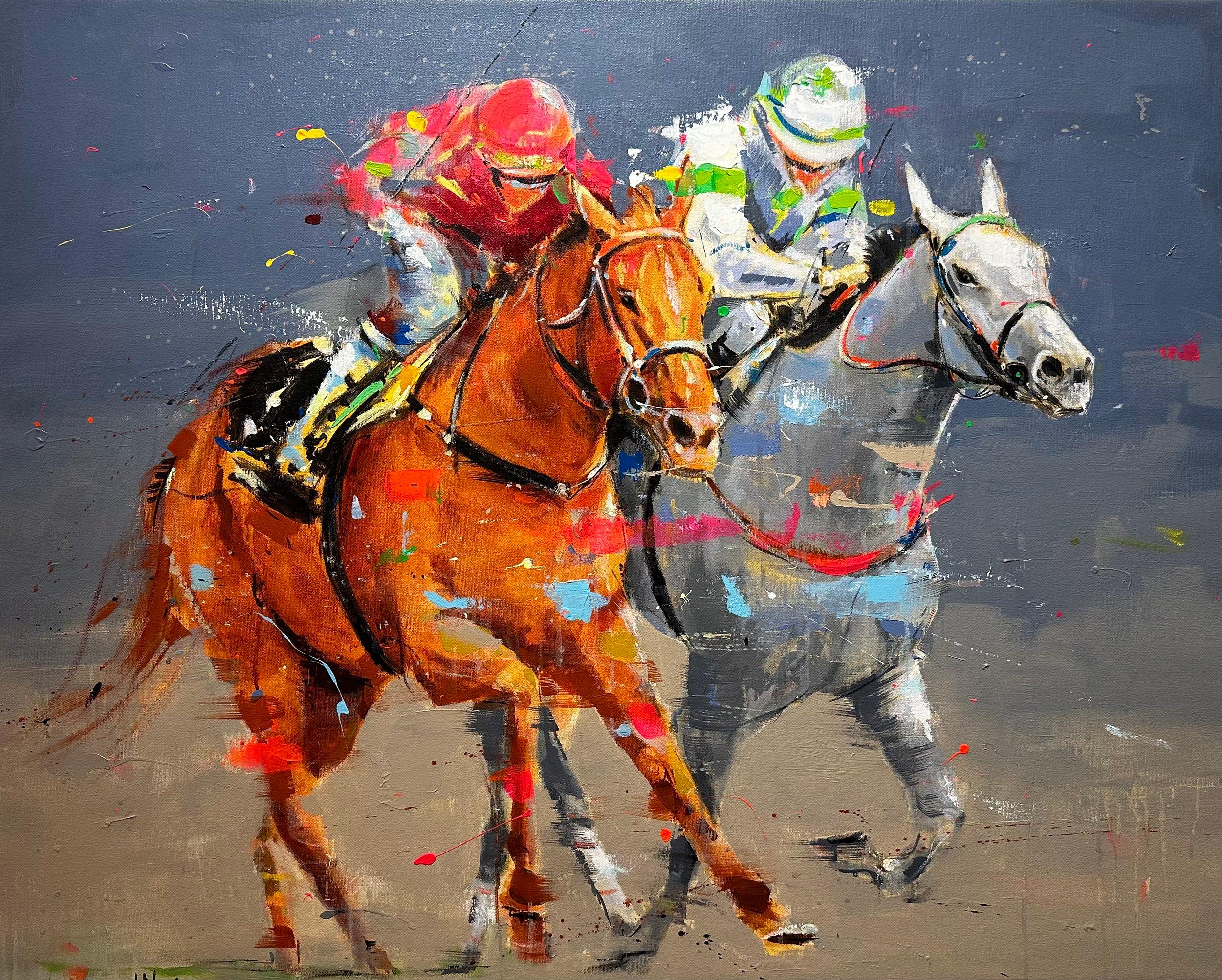Figurative Painting David Noalia  - David Noalia, "Nose to Nose" 36x45 Bold Colorful Horse Race peinture à l'huile