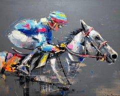 David Noalia, "Carrera arco iris" 36x45 Pintura equina de carreras de caballos de colores